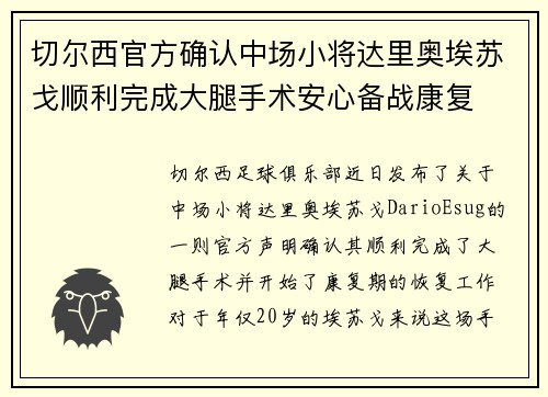 切尔西官方确认中场小将达里奥埃苏戈顺利完成大腿手术安心备战康复
